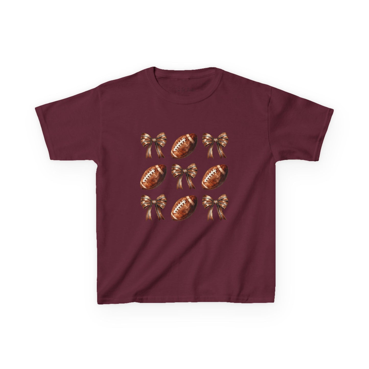 Kids Football & Bows T‑Shirt — Cute Gridiron Pattern for Girls, Youth Game Day Tee