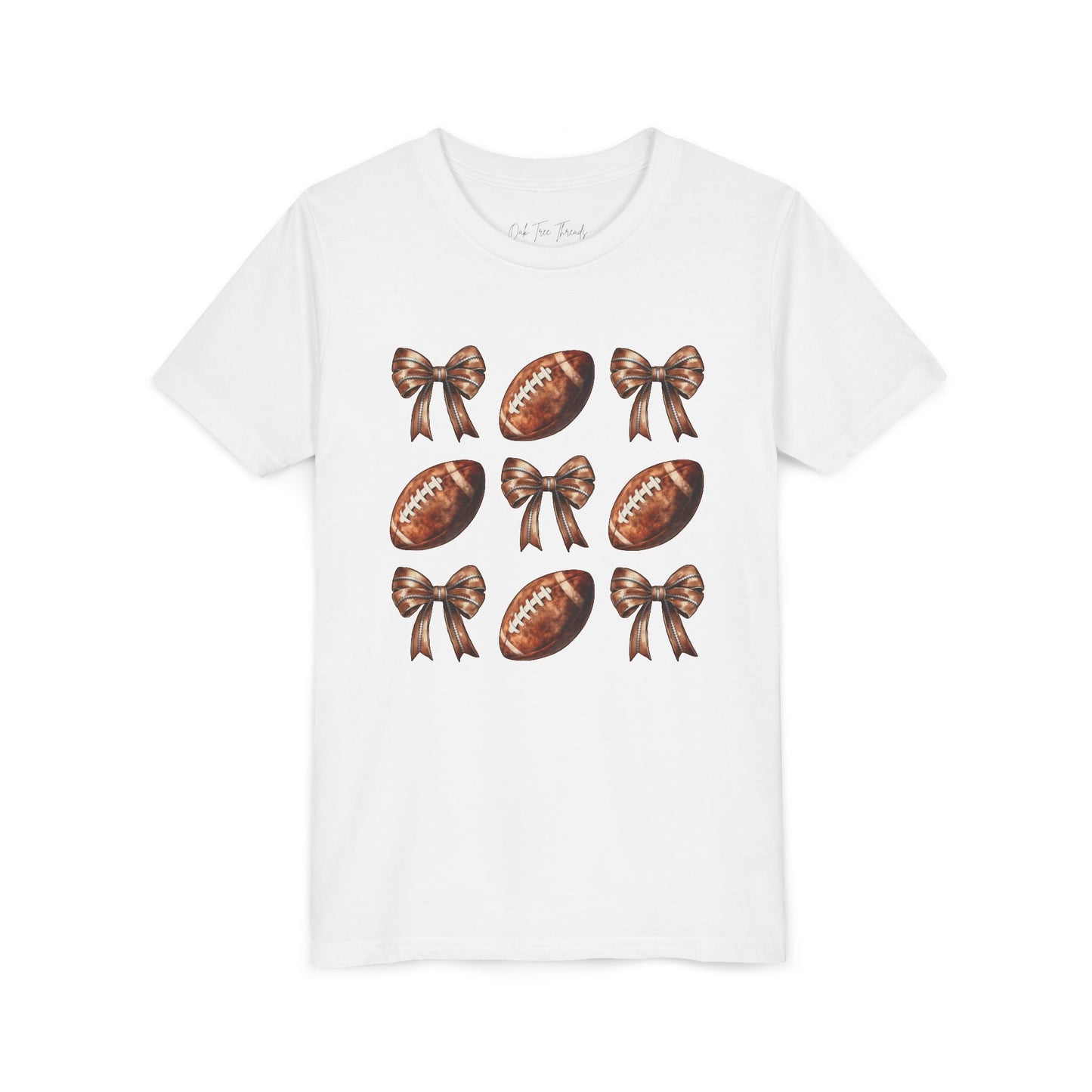 Youth Football & Bows T-Shirt — Cute Cheer Fan Tee for Girls (BELLA + CANVAS)