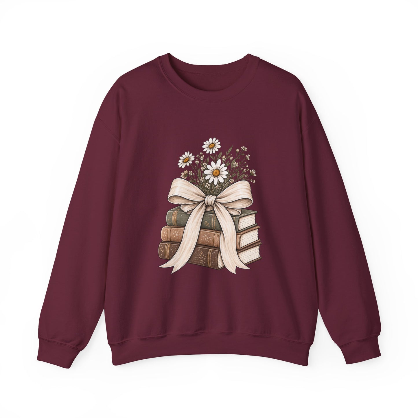 Crewneck Sweatshirt — Vintage Books & Daisies Floral Stack