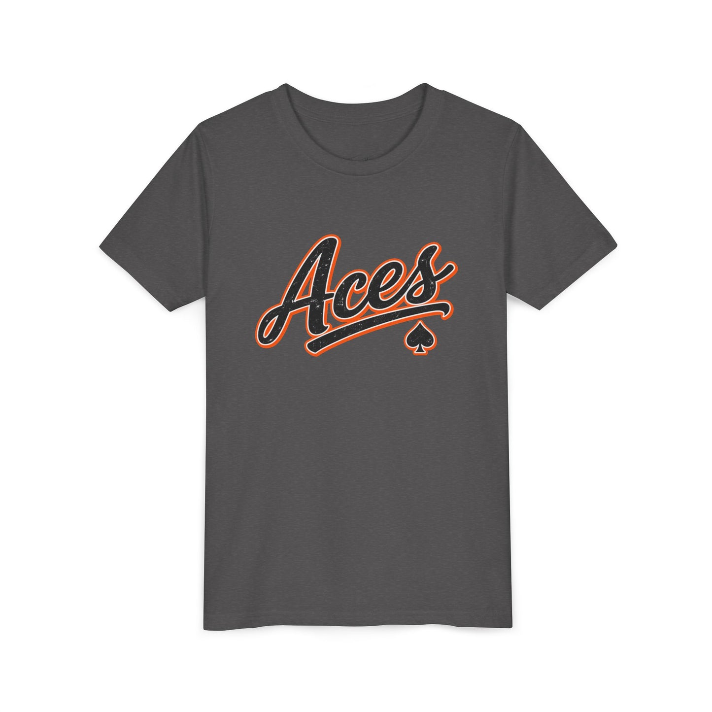 Aces Youth Tee - Retro Script Baseball Style Kids Shirt with Spade Logo