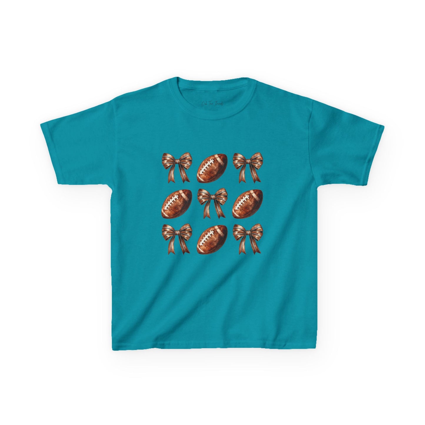 Kids Football & Bows T‑Shirt — Cute Gridiron Pattern for Girls, Youth Game Day Tee