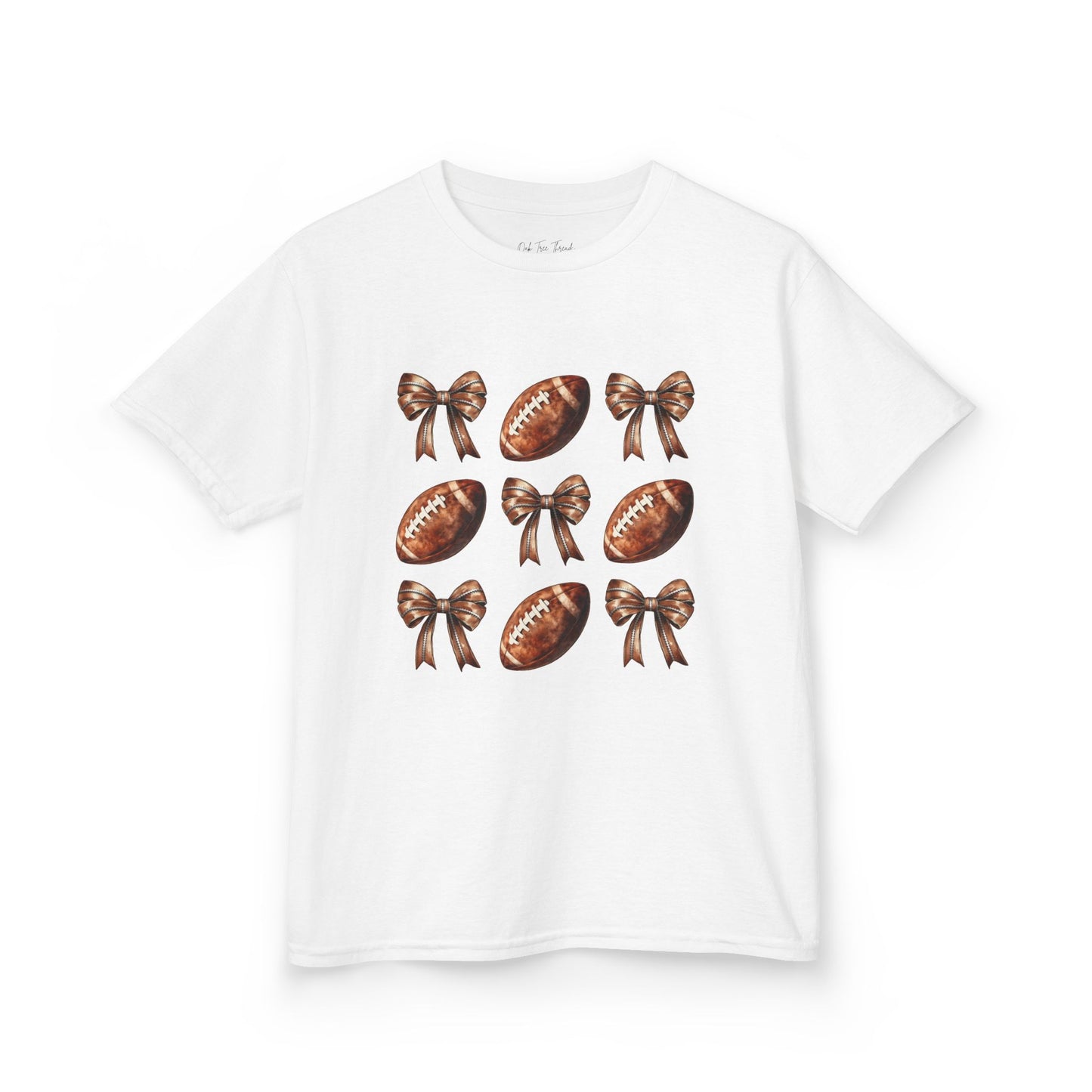 Kids Football & Bows T‑Shirt — Cute Gridiron Pattern for Girls, Youth Game Day Tee