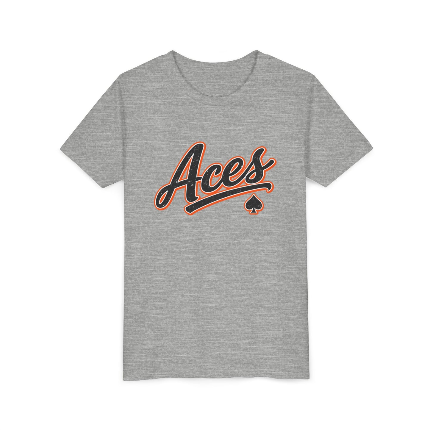 Aces Youth Tee - Retro Script Baseball Style Kids Shirt with Spade Logo