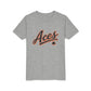 Aces Youth Tee - Retro Script Baseball Style Kids Shirt with Spade Logo