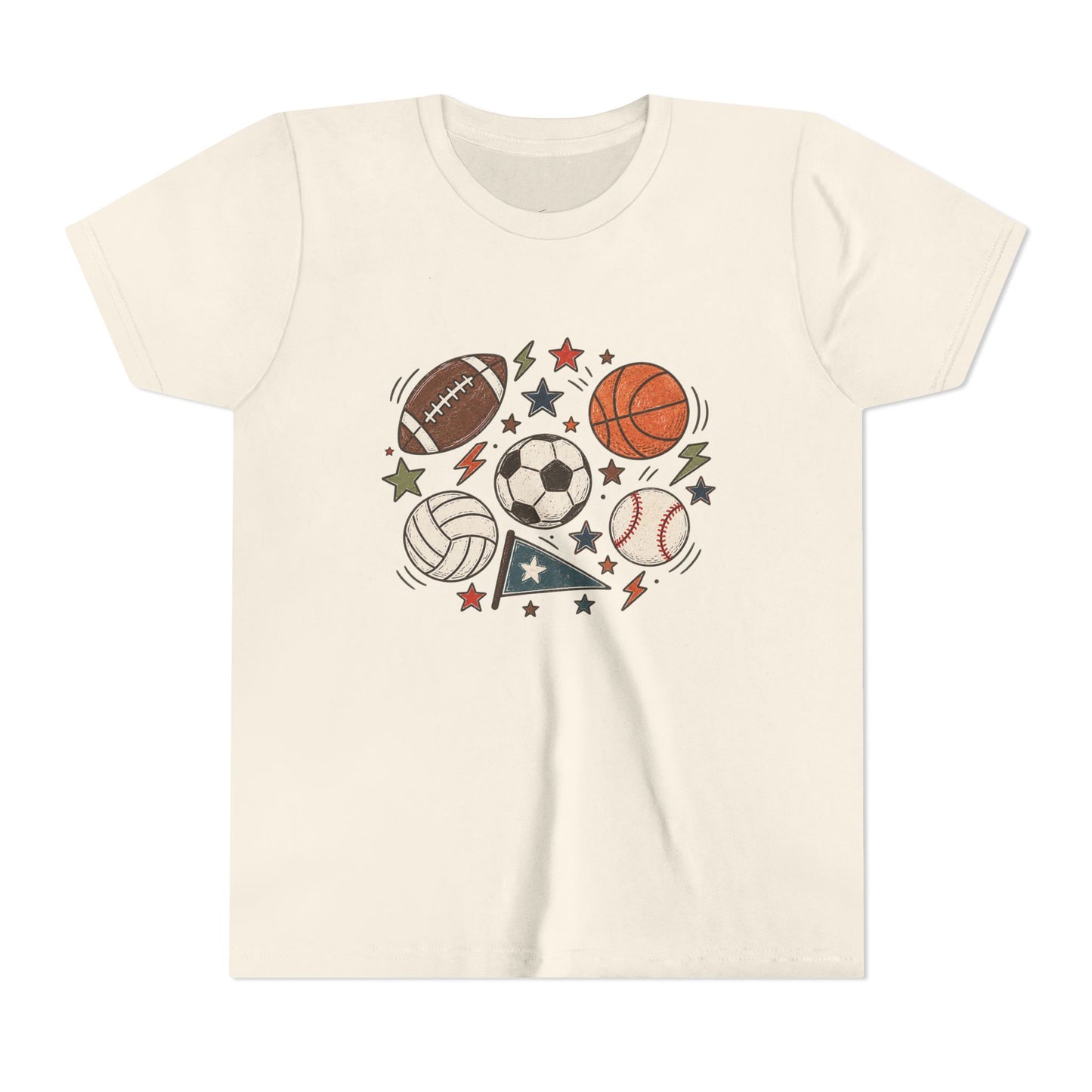 Youth Sports Balls Tee — Multi-Sport Graphic Shirt for Kids (soccer, basketball, football, baseball, volleyball)