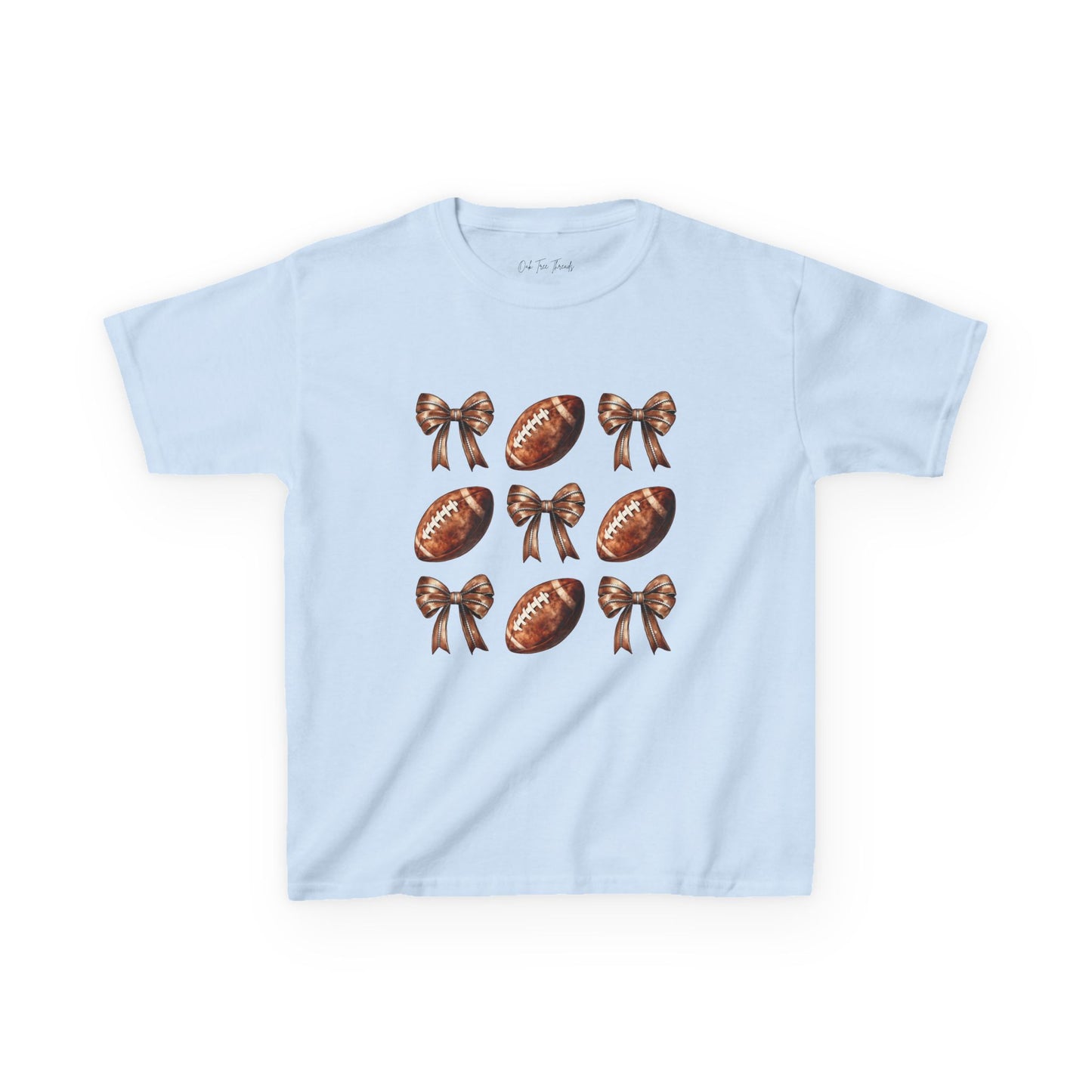 Kids Football & Bows T‑Shirt — Cute Gridiron Pattern for Girls, Youth Game Day Tee