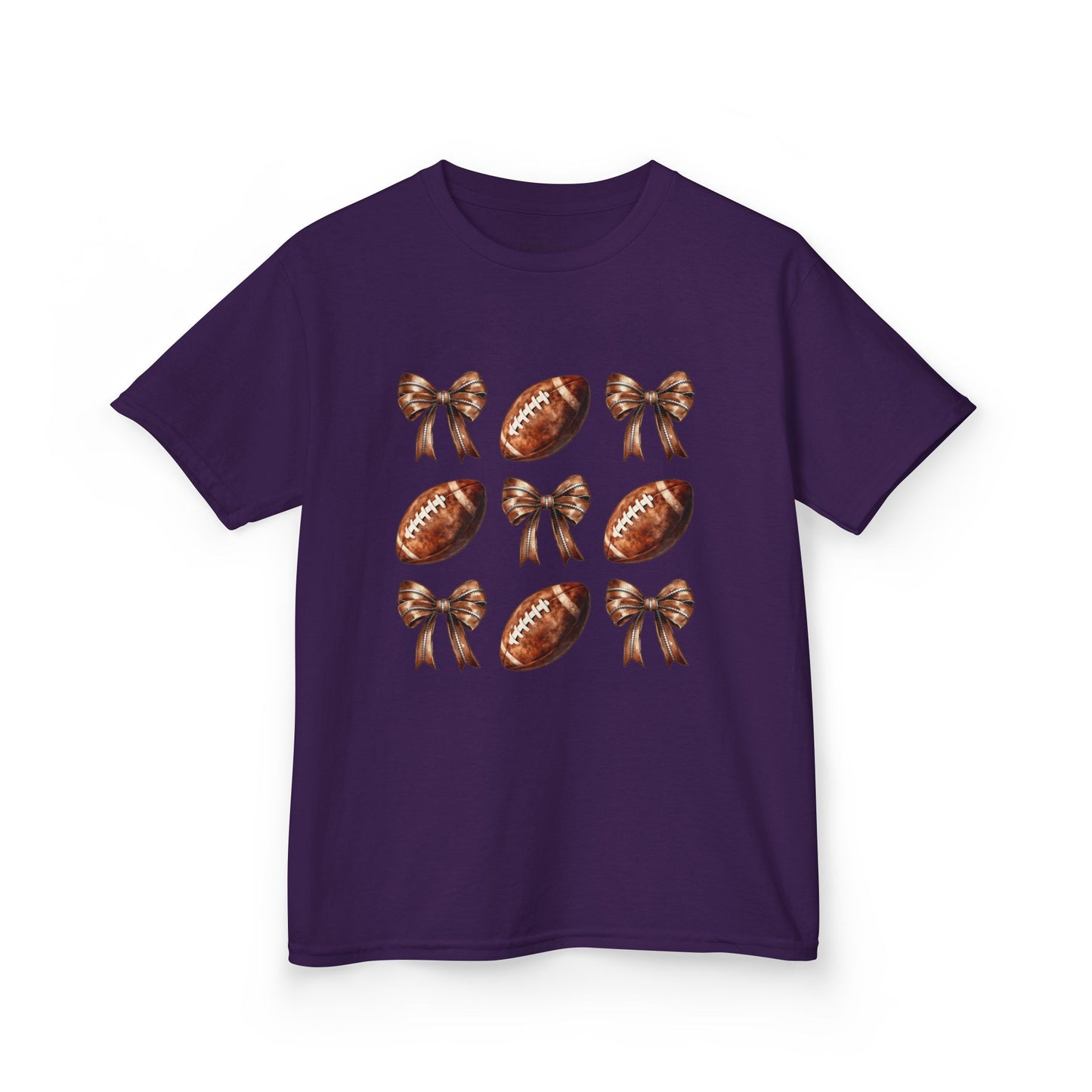 Kids Football & Bows T‑Shirt — Cute Gridiron Pattern for Girls, Youth Game Day Tee